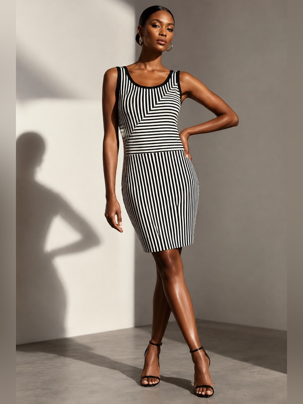 Metaphor Black White Striped Sleeveless Sheath Dress Geometric Mixed Stripe M/M